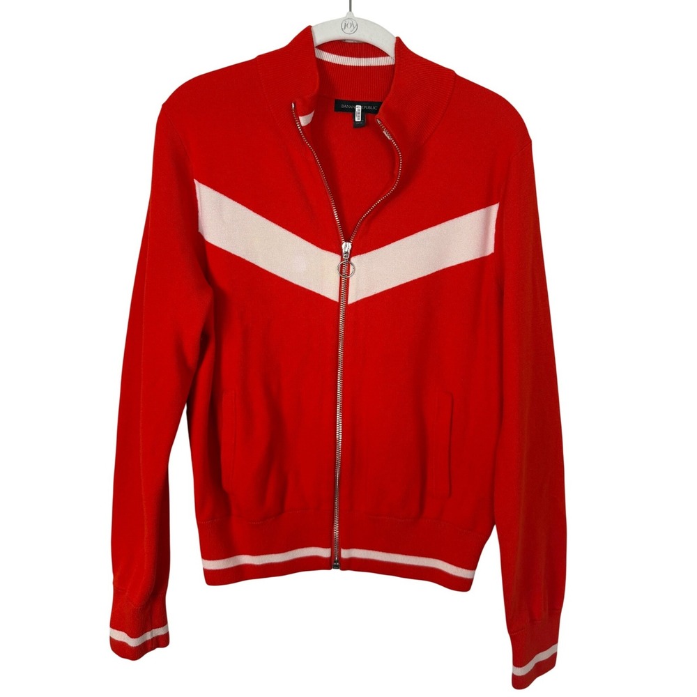 Banana Republic Womens Red Orange Chevron Zip Up Knit Track Jacket Sweater Small